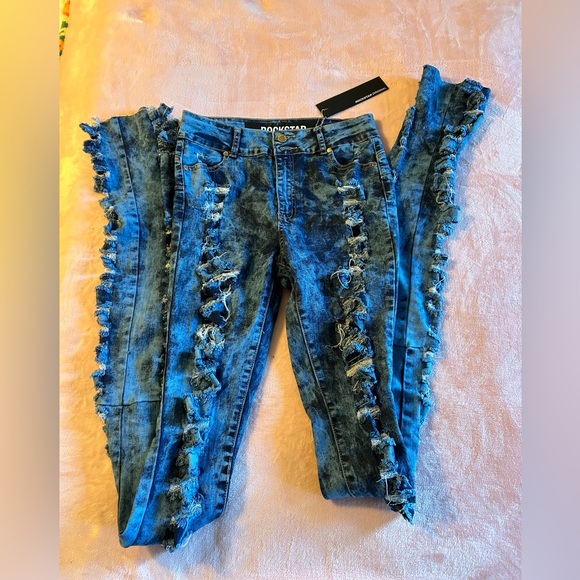 Rockstar “trap queen anthem acid wash super stacked jeans” very distressed XL - Picture 1 of 11